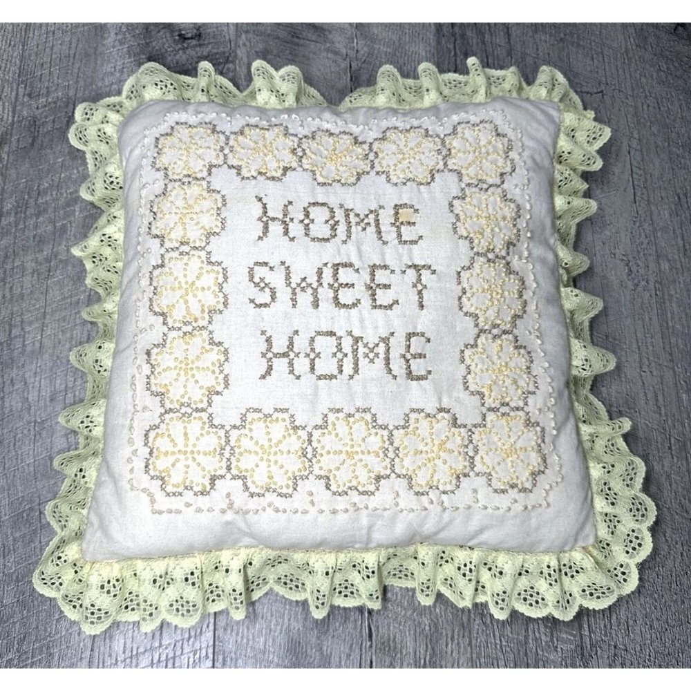 Vintage Needlepoint Cross Stitch Throw Pillow 14 x 14 Home Sweet Home Lace Trim